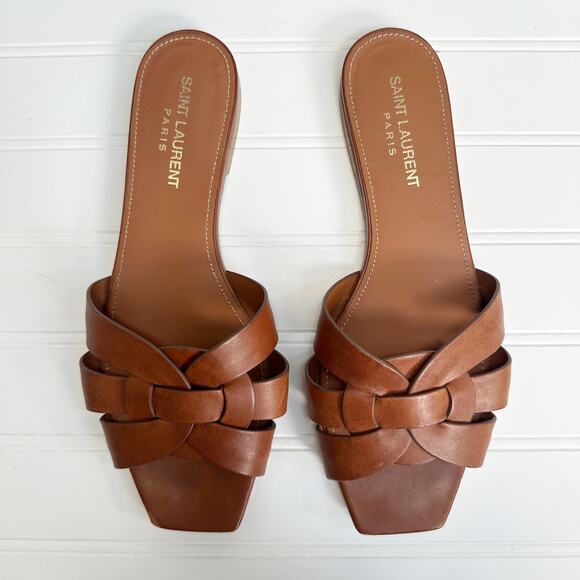 Saint Laurent Tribute Sandals Mules Brown Leather Flat Woven Slide Size 37 - Picture 1 of 6